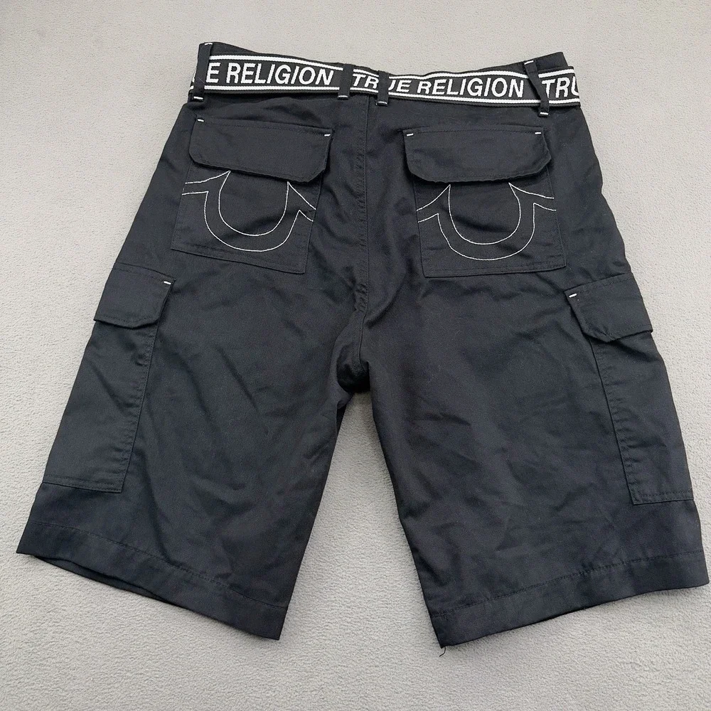 True Religion Belted Utility Cargo Shorts Mens 34 Black Contrast Stitch 12